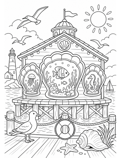 Summer Pier Aquarium With Seashell Windows printable coloring page from the summer coloring pages collection