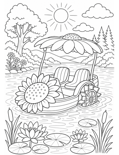Sunflower Paddle Boat On A Summer Lake printable coloring page from the summer coloring pages collection