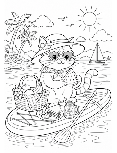 Sunhat Cat On A Paddleboard Picnic printable coloring page from the summer coloring pages collection