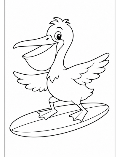 Sunny Pelican Riding A Surfboard printable coloring page from the summer coloring pages collection