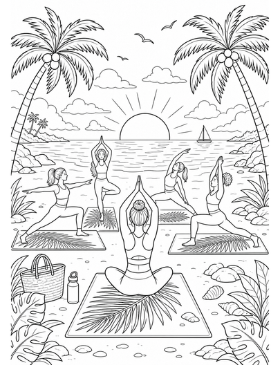 Sunset Beach Yoga Class With Palm Mats printable coloring page from the summer coloring pages collection