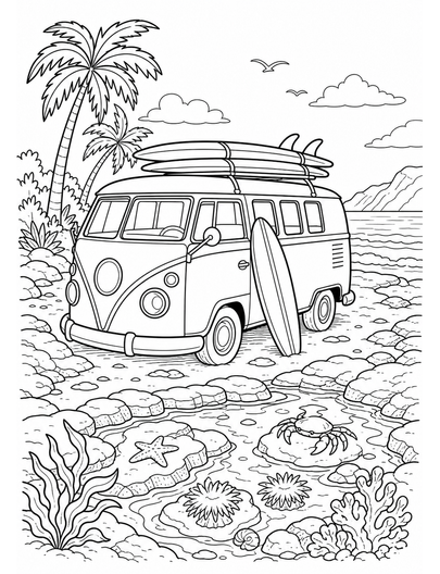 Surf Van Parked By A Tide Pool printable coloring page from the summer coloring pages collection
