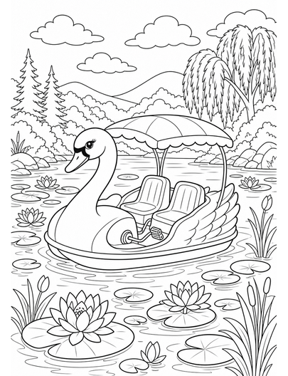Swan Pedal Boat At A Lily Cove printable coloring page from the summer coloring pages collection