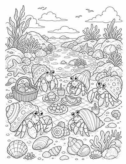 Tide Pool Picnic With Hermit Crabs printable coloring page from the summer coloring pages collection