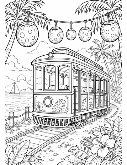 Tropical Beach Tram With Coconut Lanterns printable coloring page from the summer coloring pages collection