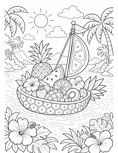 Tropical Fruit Boat At A Sunny Lagoon printable coloring page from the summer coloring pages collection