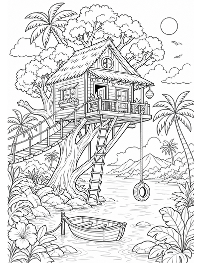 Tropical Treehouse Over A Summer Lagoon printable coloring page from the summer coloring pages collection