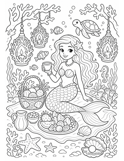 Underwater Mermaid Picnic With Coral Lanterns printable coloring page from the summer coloring pages collection