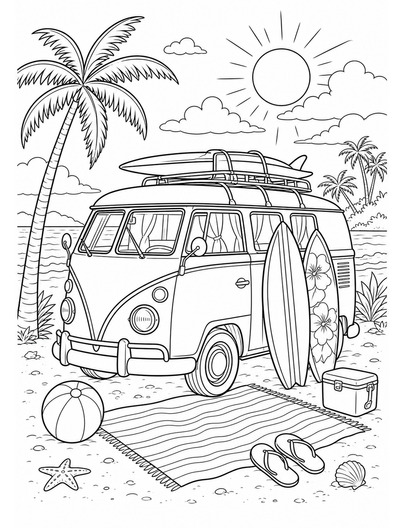 Vintage Beach Camper With Surfboards printable coloring page from the summer coloring pages collection