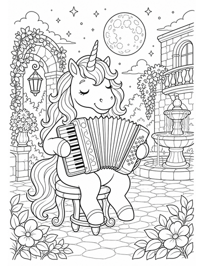 Unicorn Accordion In A Moonlit Courtyard printable coloring page from the unicorn coloring pages collection
