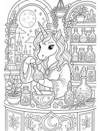 Unicorn Apothecary In A Moonlit Arcade printable coloring page from the unicorn coloring pages collection