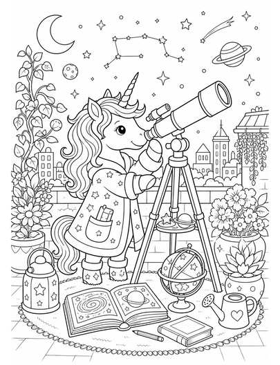 Unicorn Astronomer In A Rooftop Garden printable coloring page from the unicorn coloring pages collection