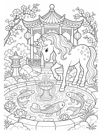 Unicorn At A Koi Fountain Pavilion printable coloring page from the unicorn coloring pages collection