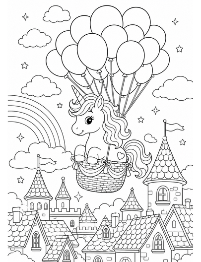 Unicorn Balloon Ride Over Castle Rooftops printable coloring page from the unicorn coloring pages collection