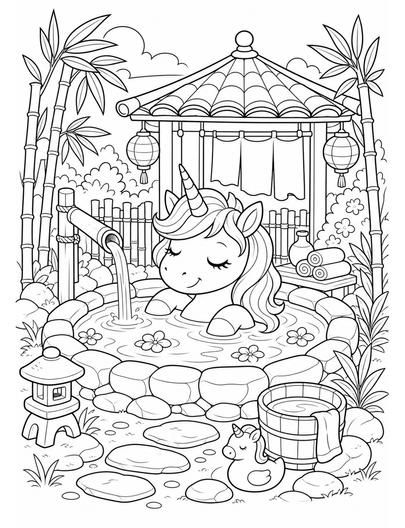 Unicorn Bathhouse In A Bamboo Garden printable coloring page from the unicorn coloring pages collection