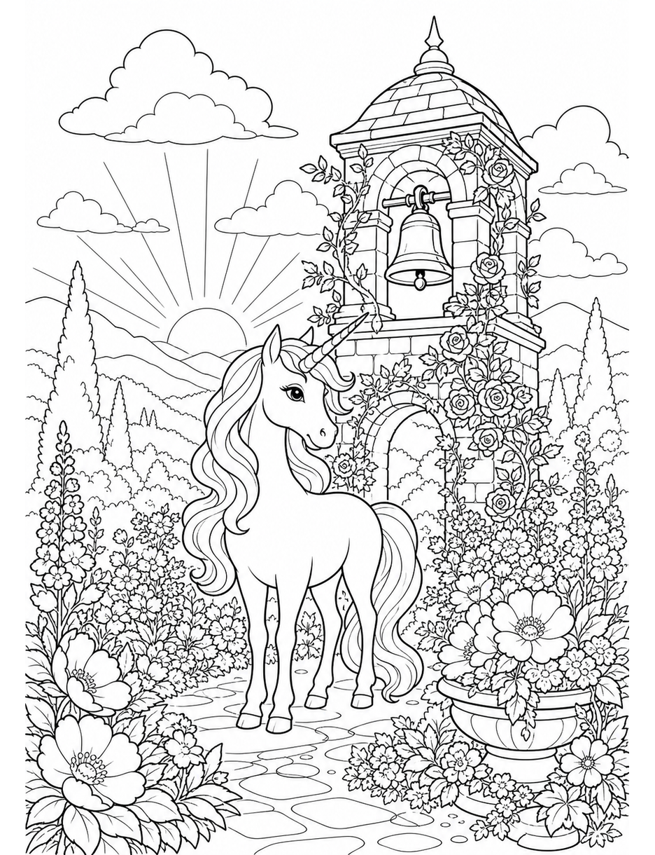 Unicorn Bell Tower Garden At Dawn printable coloring page from the unicorn coloring pages collection
