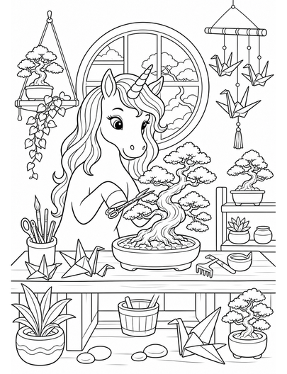 Unicorn Bonsai Studio With Paper Cranes printable coloring page from the unicorn coloring pages collection