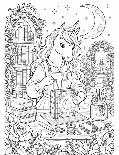 Unicorn Bookbinder In A Moon Garden printable coloring page from the unicorn coloring pages collection