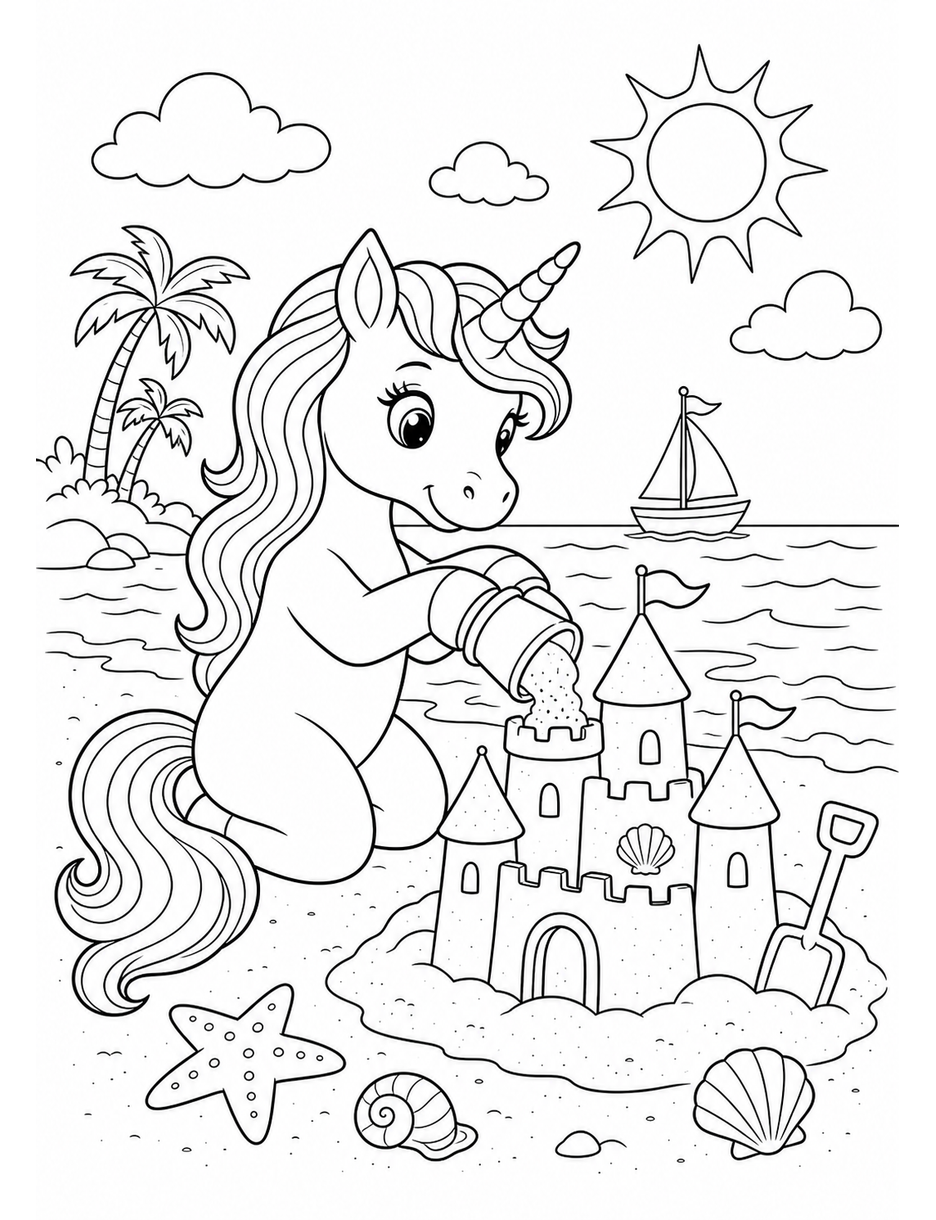 Unicorn Building A Sandcastle By The Sea printable coloring page from the unicorn coloring pages collection