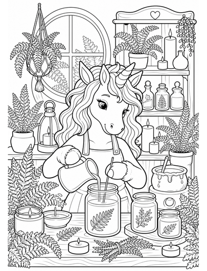 Unicorn Candlemaker In A Fern Workshop printable coloring page from the unicorn coloring pages collection