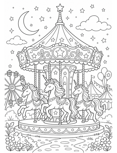 Unicorn Carousel In A Starry Fairground printable coloring page from the unicorn coloring pages collection