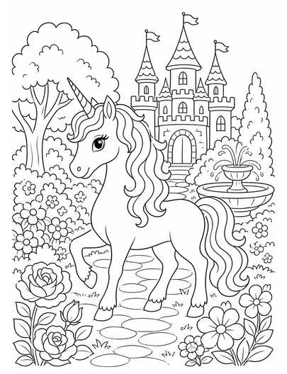 Unicorn Castle Garden printable coloring page from the unicorn coloring pages collection