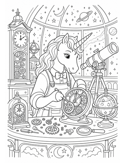 Unicorn Clockmaker In A Star Observatory printable coloring page from the unicorn coloring pages collection