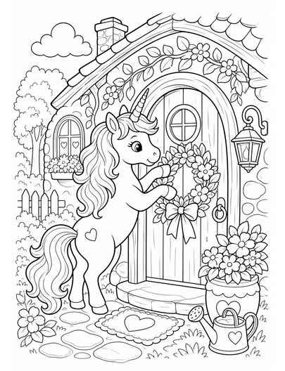 Unicorn Decorating A Cozy Cottage Doorway printable coloring page from the unicorn coloring pages collection