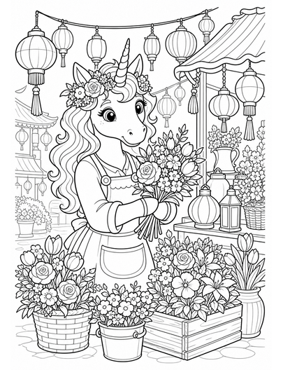 Unicorn Florist In A Lantern Market printable coloring page from the unicorn coloring pages collection