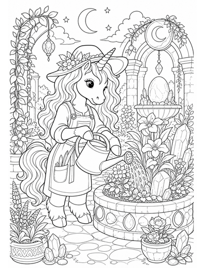 Unicorn Gardener In A Moonstone Courtyard printable coloring page from the unicorn coloring pages collection