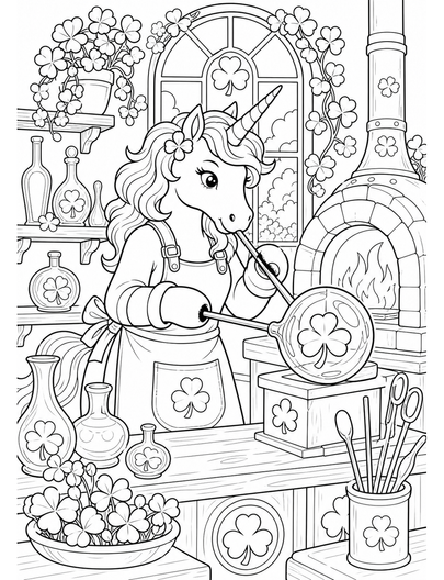 Unicorn Glassblower In A Clover Studio printable coloring page from the unicorn coloring pages collection