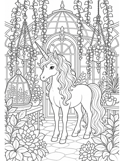 Unicorn Glasshouse Among Hanging Vines printable coloring page from the unicorn coloring pages collection
