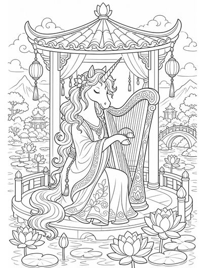 Unicorn Harpist In A Lotus Pavilion printable coloring page from the unicorn coloring pages collection