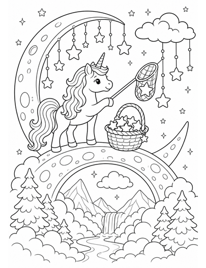 Unicorn Harvesting Stars From A Moon Bridge printable coloring page from the unicorn coloring pages collection