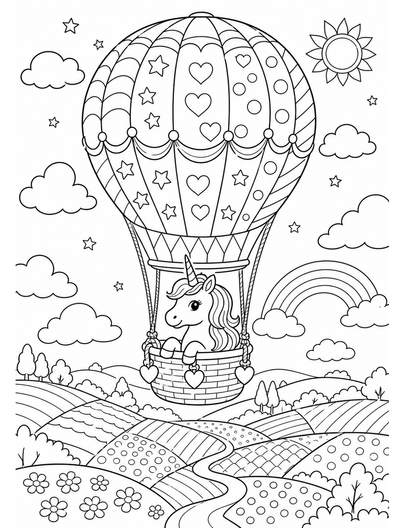 Unicorn Hot Air Balloon Over Patchwork Fields printable coloring page from the unicorn coloring pages collection