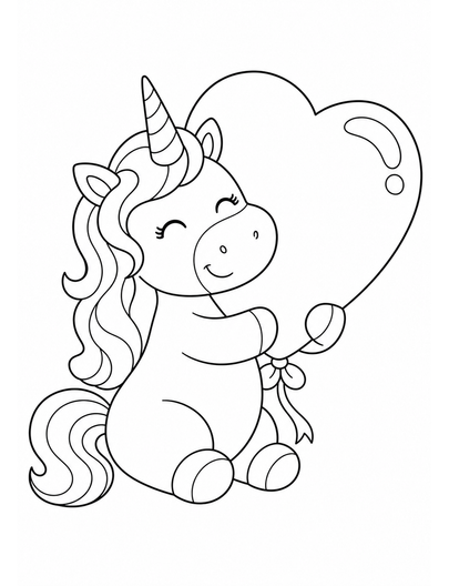 Unicorn Hugging A Giant Heart-Shaped Balloon printable coloring page from the unicorn coloring pages collection