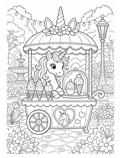 Unicorn Ice Cream Cart In A Garden Square printable coloring page from the unicorn coloring pages collection