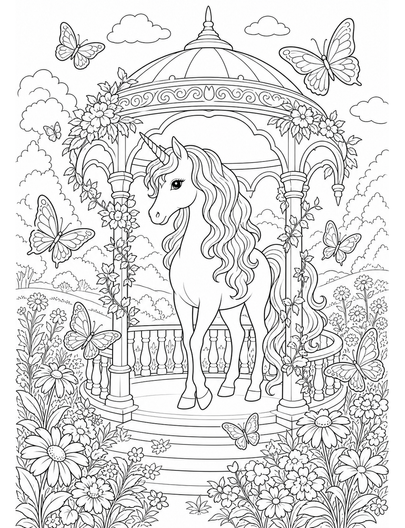 Unicorn In A Butterfly Meadow Gazebo printable coloring page from the unicorn coloring pages collection