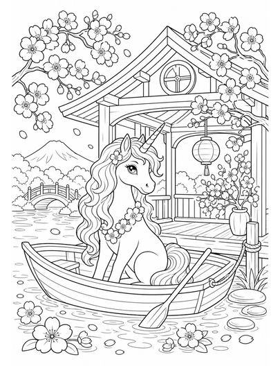 Unicorn In A Cherry Blossom Boathouse printable coloring page from the unicorn coloring pages collection