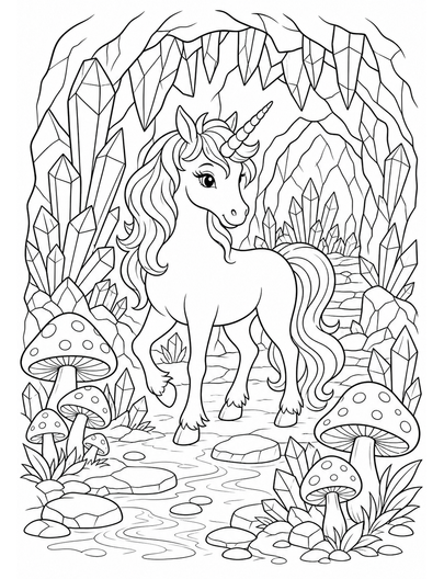 Unicorn In A Crystal Cave With Mushrooms printable coloring page from the unicorn coloring pages collection