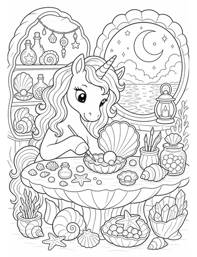 Unicorn In A Moonlit Seashell Workshop printable coloring page from the unicorn coloring pages collection