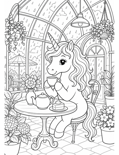 Unicorn In A Rainy Glasshouse Cafe printable coloring page from the unicorn coloring pages collection