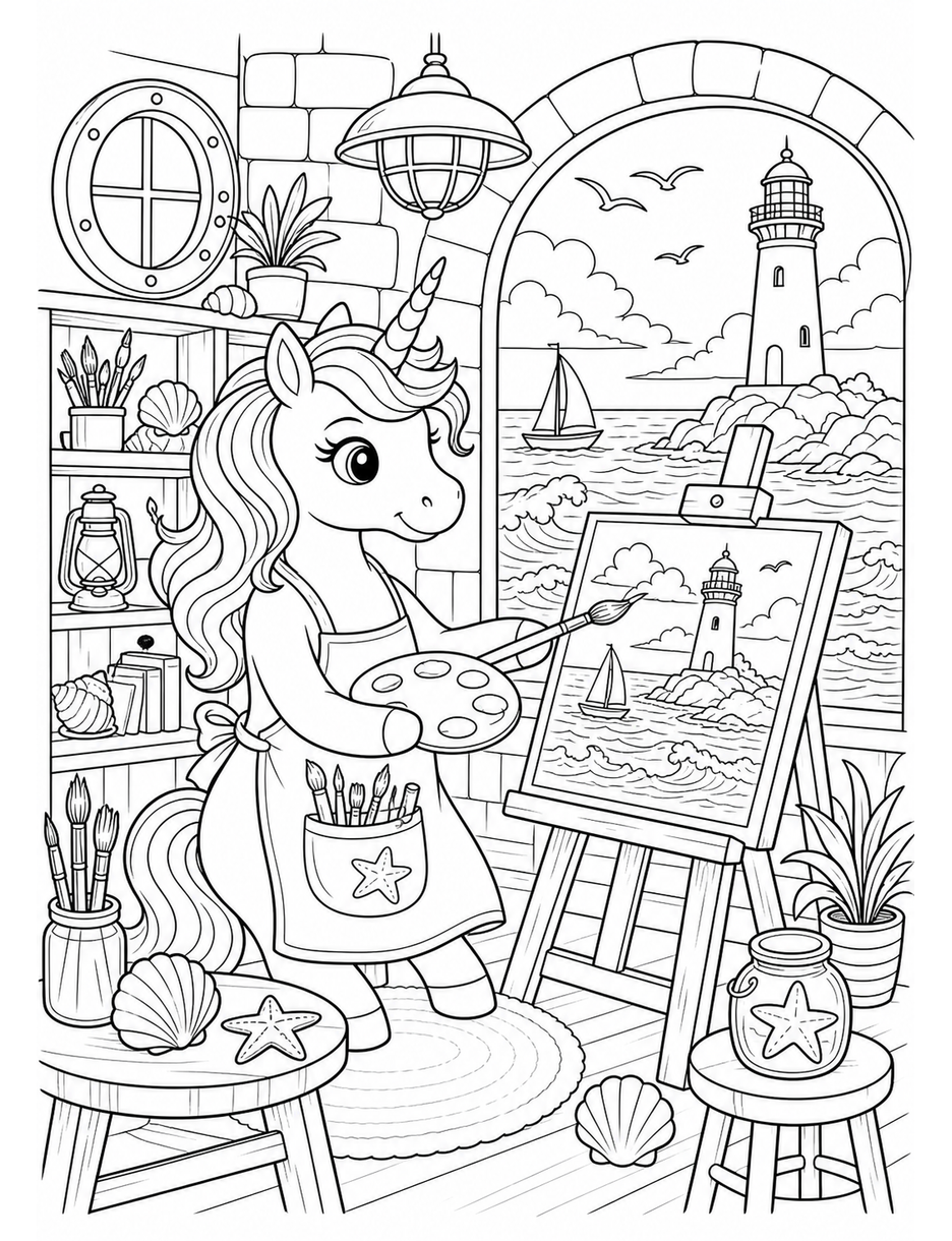 Unicorn In A Seaside Lighthouse Studio printable coloring page from the unicorn coloring pages collection