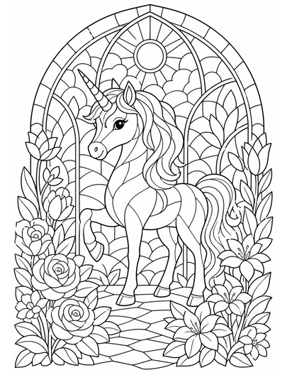 Unicorn In A Stained Glass Garden printable coloring page from the unicorn coloring pages collection
