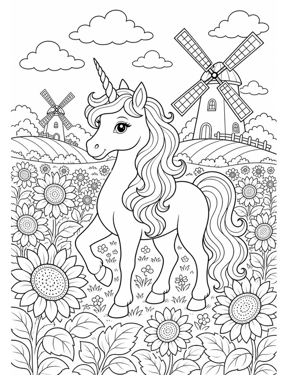 Unicorn In A Sunflower Windmill Meadow printable coloring page from the unicorn coloring pages collection