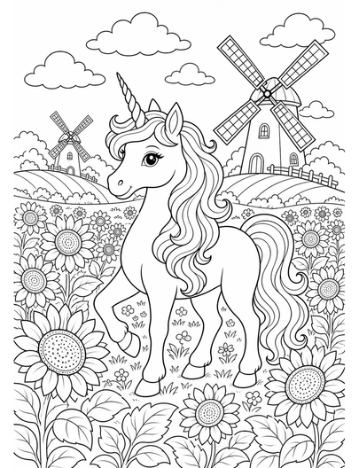 Unicorn In A Sunflower Windmill Meadow printable coloring page from the unicorn coloring pages collection