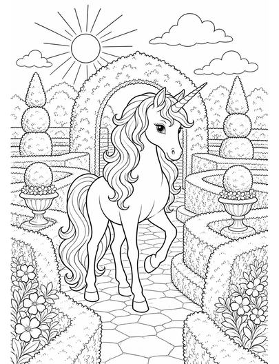 Unicorn In A Sunlit Topiary Maze printable coloring page from the unicorn coloring pages collection