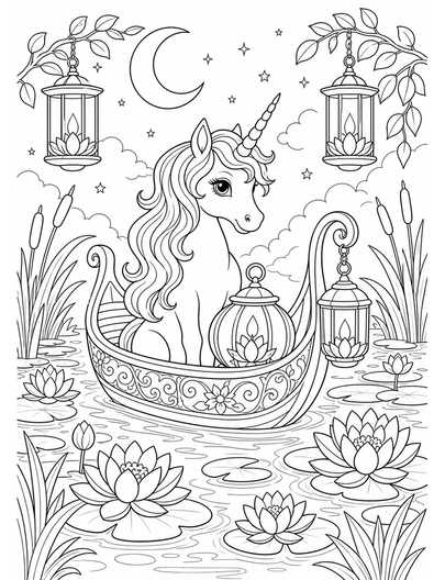 Unicorn Lantern Boat In A Lily Marsh printable coloring page from the unicorn coloring pages collection
