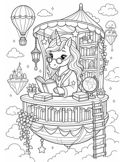 Unicorn Librarian In A Floating Bookshop printable coloring page from the unicorn coloring pages collection