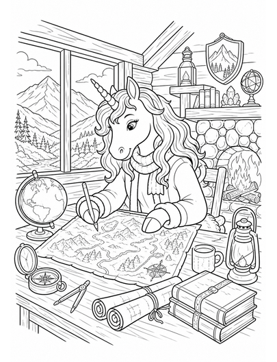 Unicorn Mapmaker In A Mountain Cabin printable coloring page from the unicorn coloring pages collection